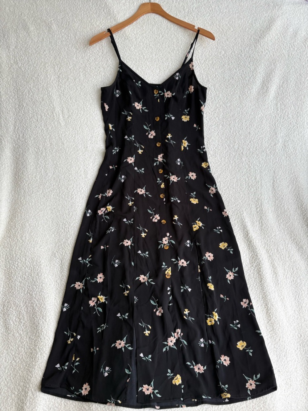 H&M Button Front Black Floral Midi Dress